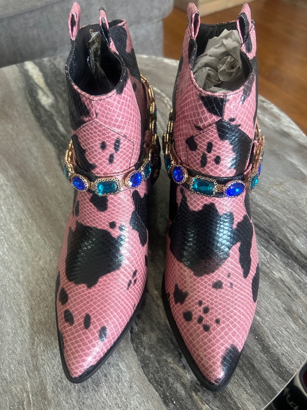 Liliana Pink and Black Jeweled Strap Pointed Ankle Boots